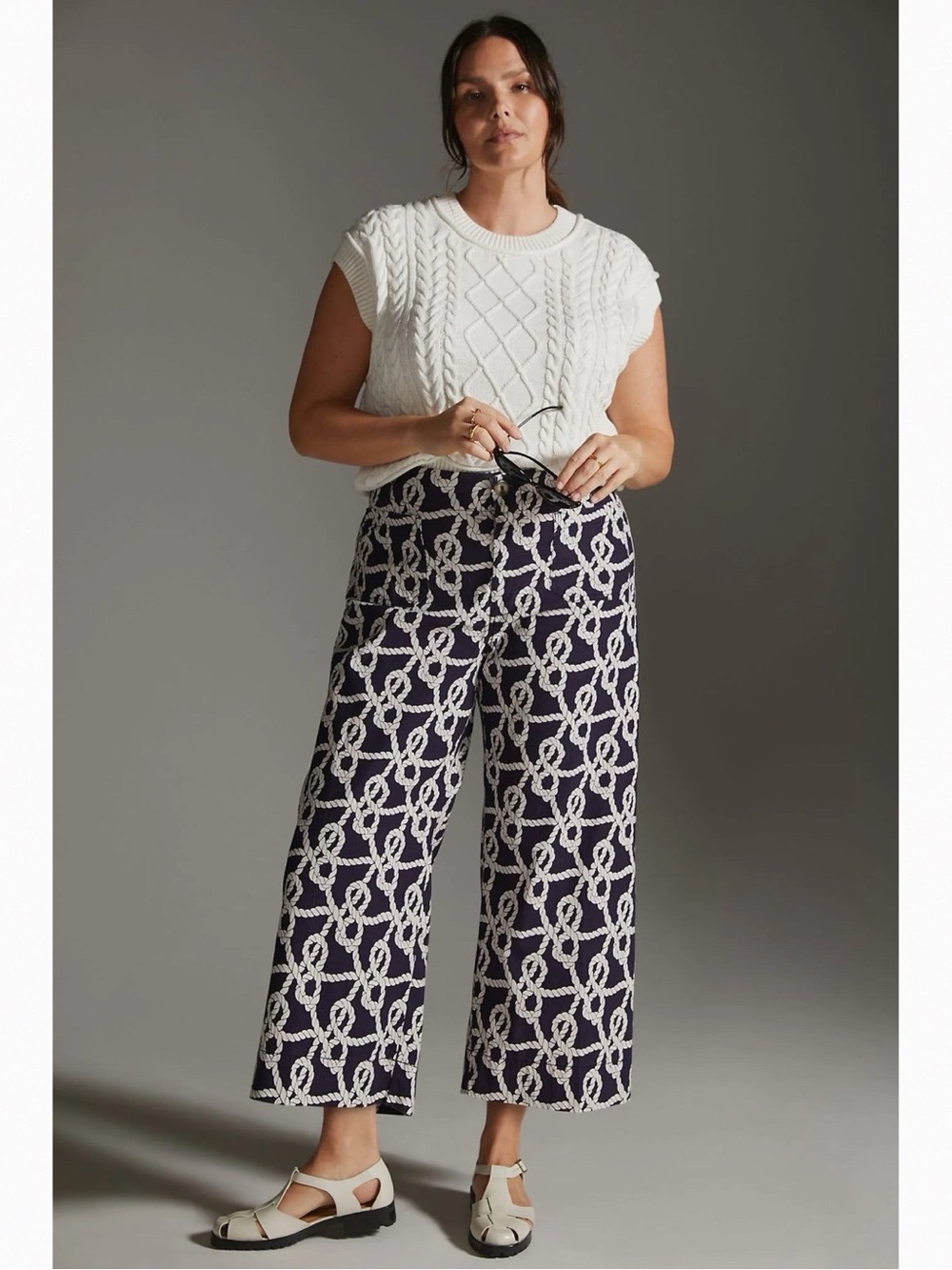 Anthropologie Maeve Colette Wide-Leg Crop Pant Coastal Rope Print Navy White 31